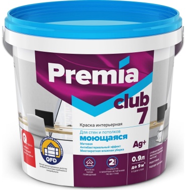 Антибактериальная моющаяся интерьерная краска Premia club 7, 0.9 л, белый цвет