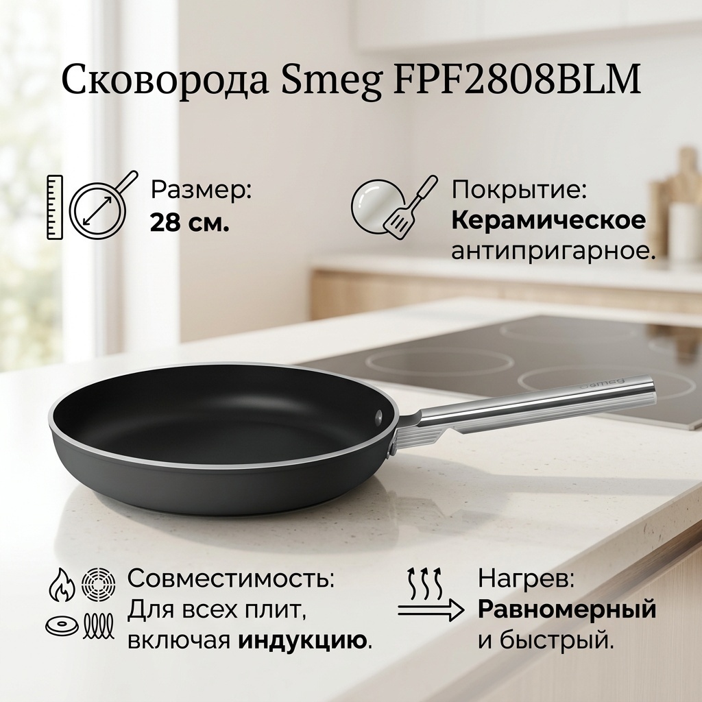 Сковорода Smeg 28 см с антипригарным покрытием, керамика