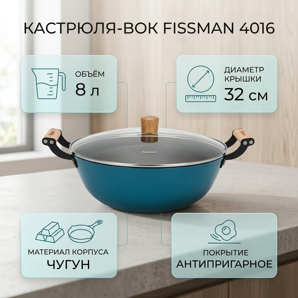 Кастрюля 8 л, Fissman 4016 чугун