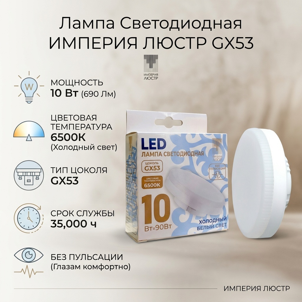 ИМПЕРИЯ ЛЮСТР 10W GX53, светодиодная, холодный белый
