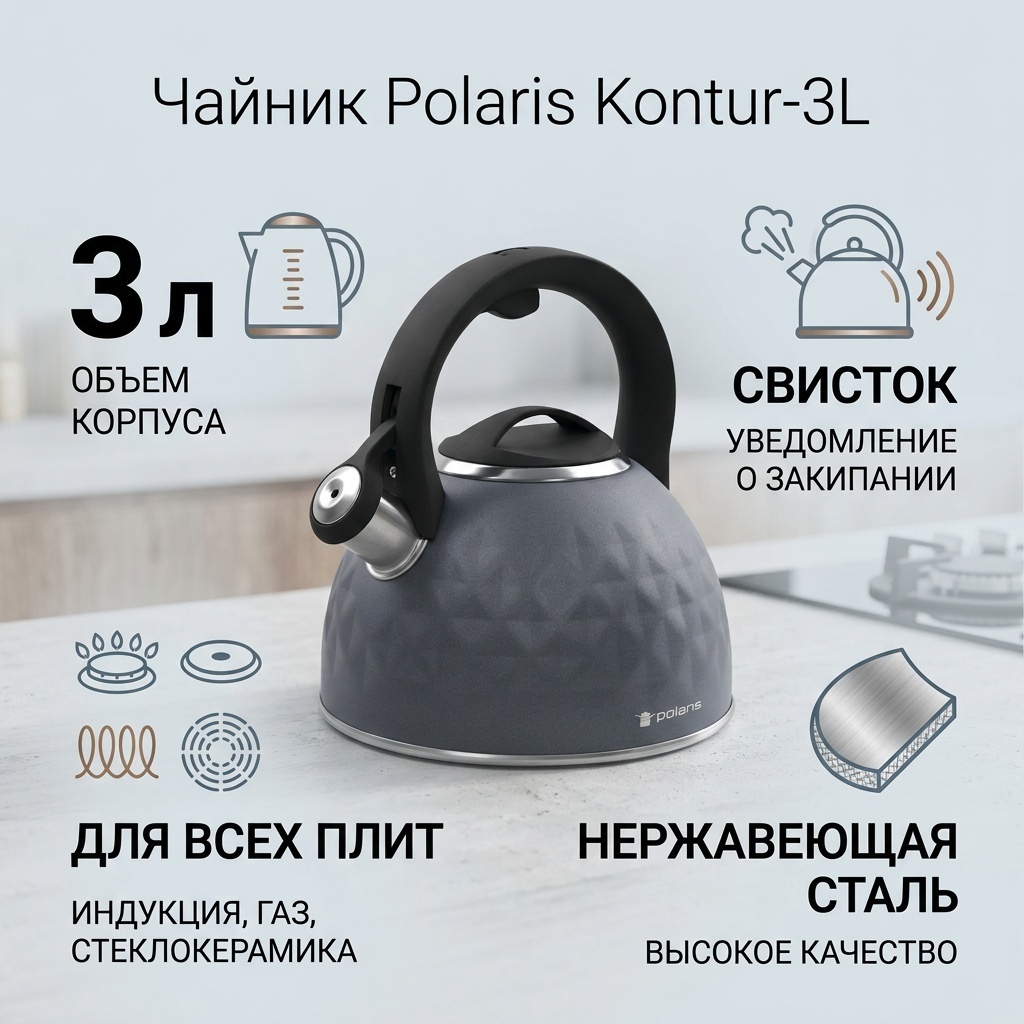 Polaris чайник Kontur-3L 3 л, нержавеющая сталь
