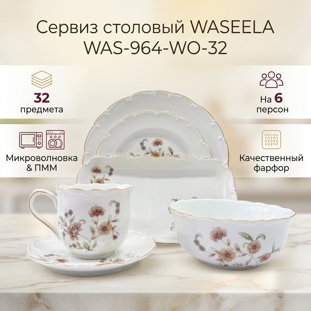 Сервиз на 6 персон WASEELA цветочный, предметов: 32, столовый, фарфор