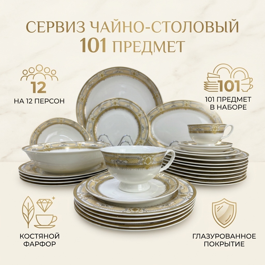 Сервиз на 12 персон , предметов: 101, чайно-столовый, костяной фарфор