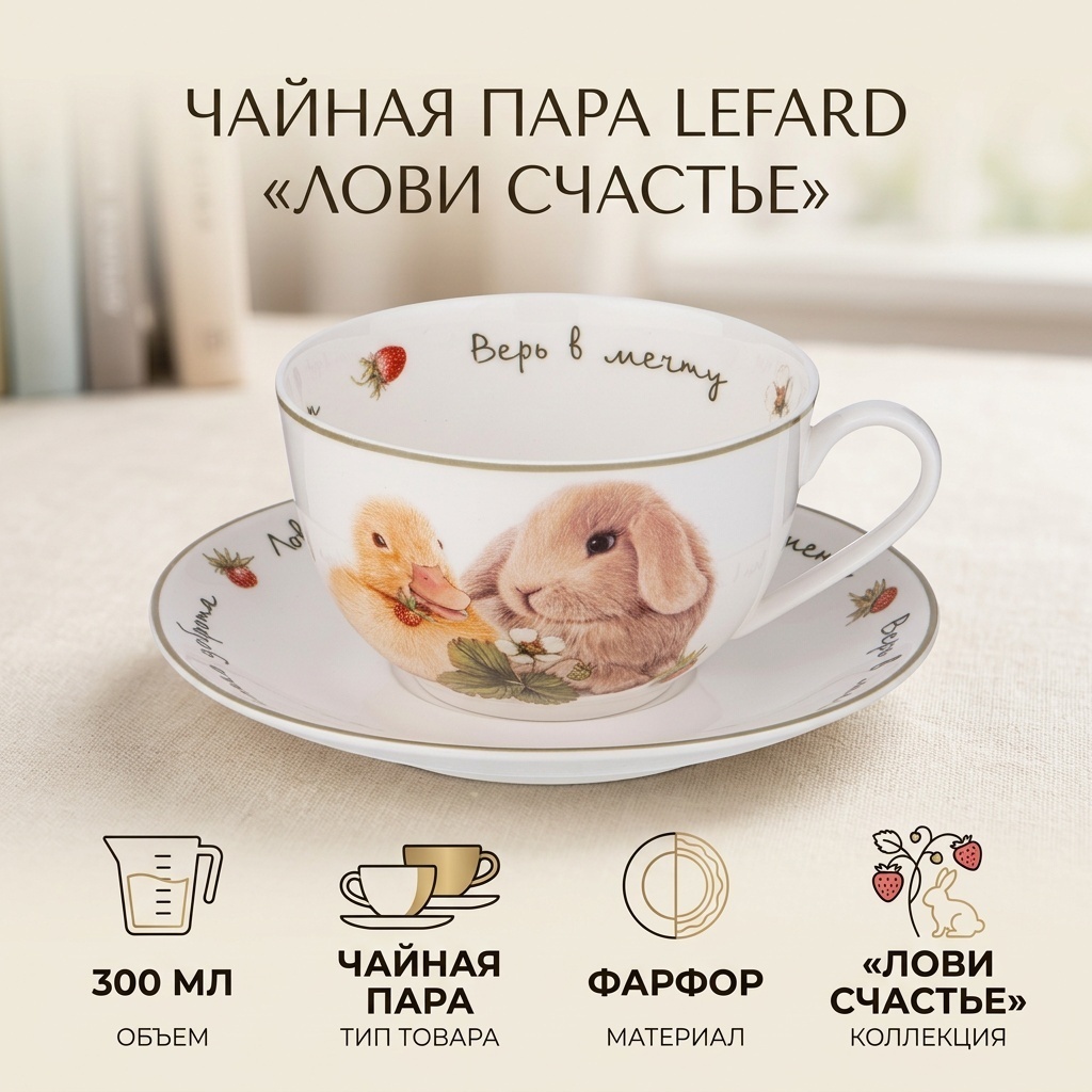 Чайная пара Lefard «Лови счастье», 300 мл, фарфор, 1 шт.