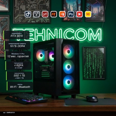 Tehnicom i3-14100F / RTX 3070 8 Гб / 16 Гб / 1000 Гб HDD+SSD 1000 Гб / Win 11 Pro