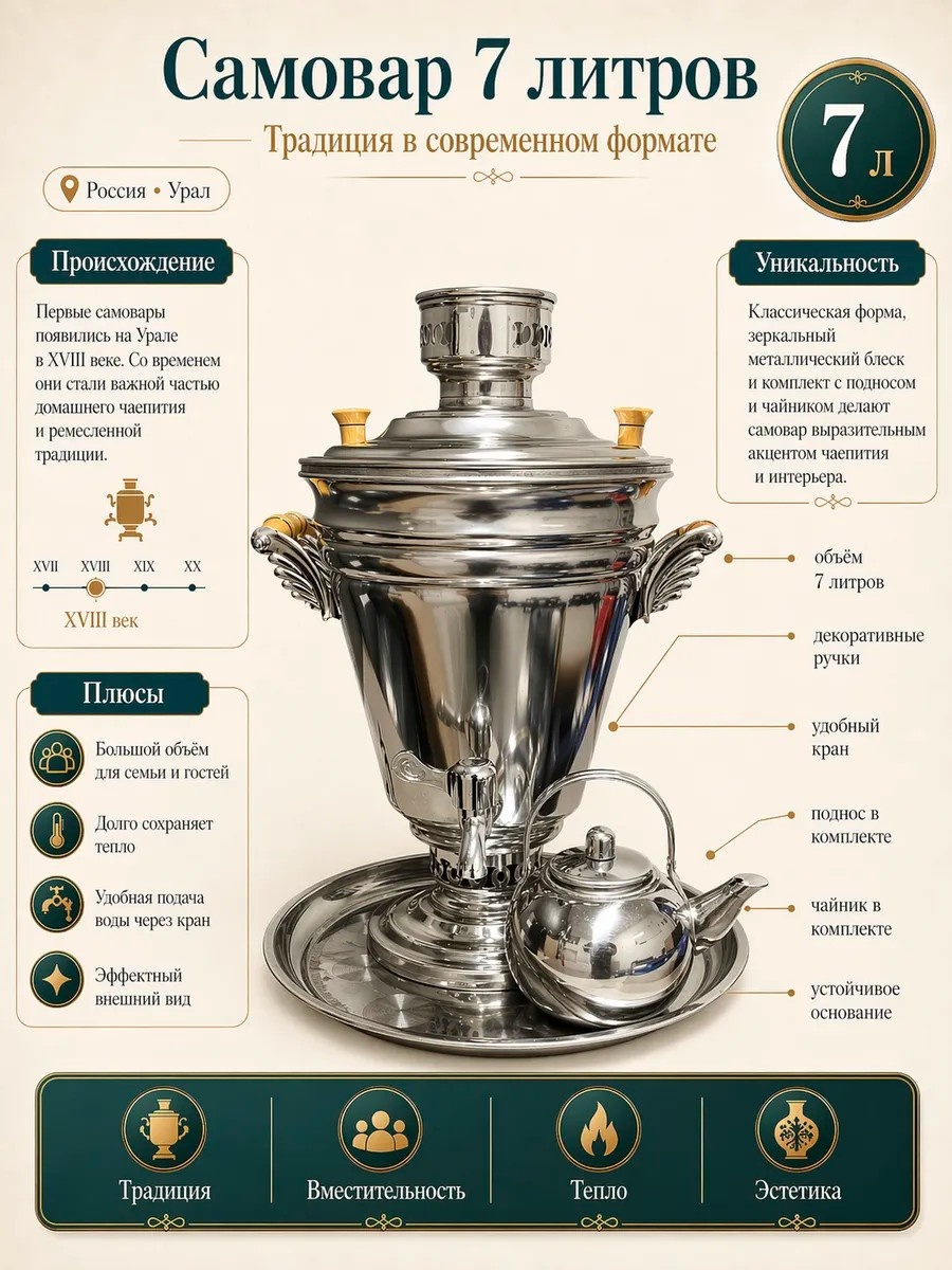 Самовар 98630469 7 л, нержавеющая сталь