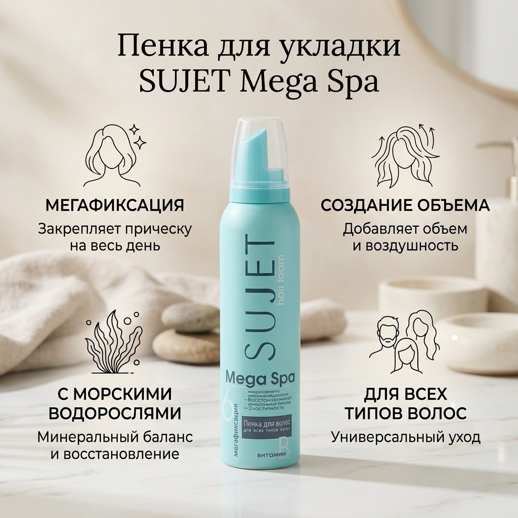 Пенка для укладки Mega Spa с морскими водорослями: сильная фиксация и объем, 160 мл, 1 шт