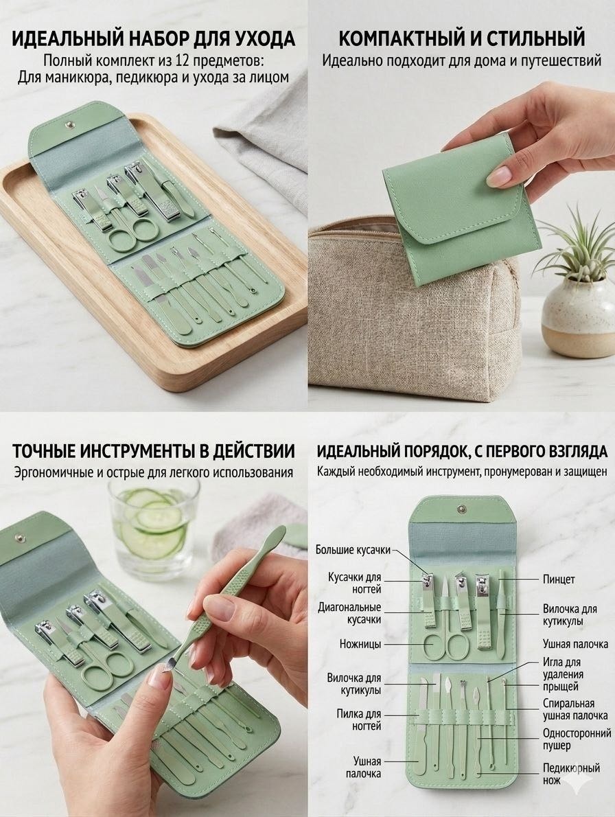 Набор маникюрных инструментов Green 12 шт
