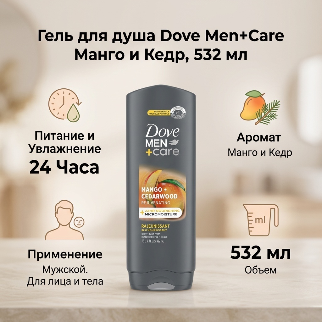 Dove Men + Care, гель для душа и тела, манго и кедр, 532 мл (18 жидк. унц.) гель 532 мл