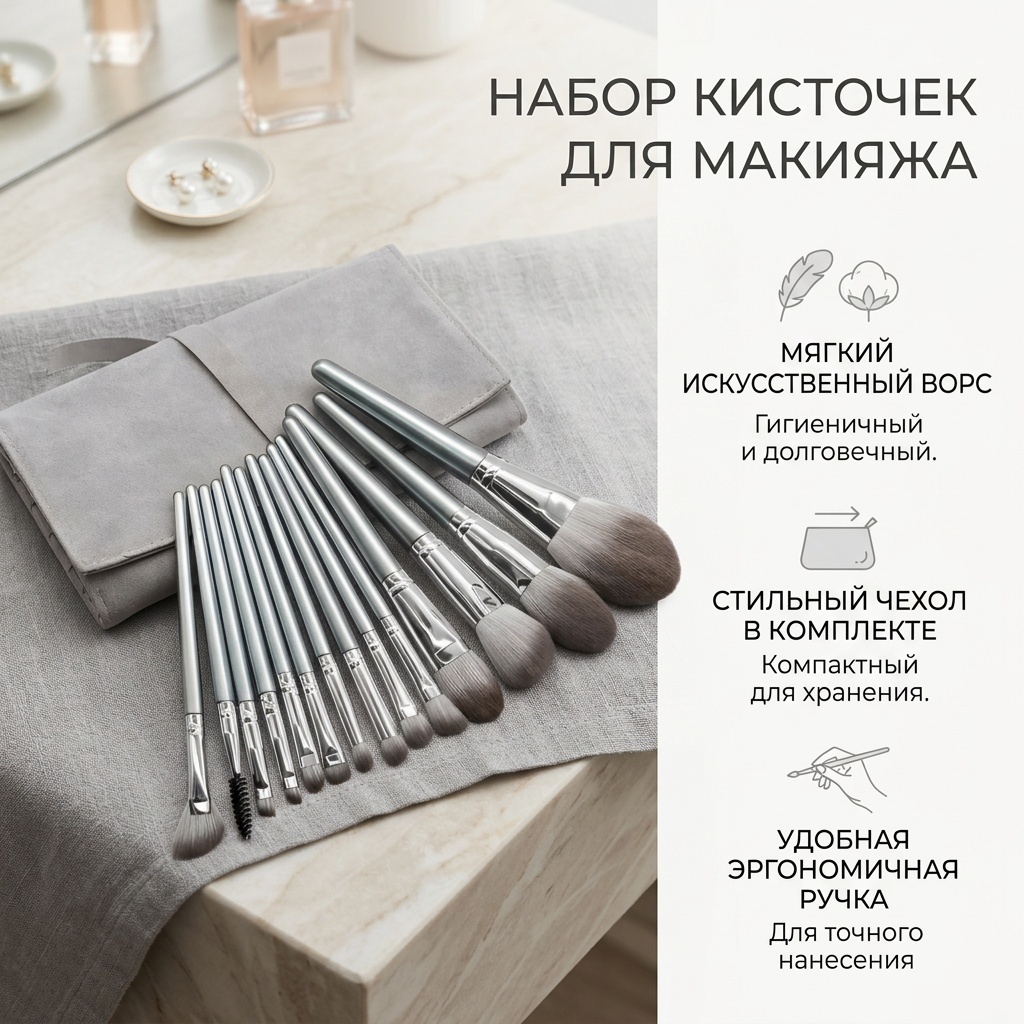 Набор кисточек для макияжа серебряный 14 шт