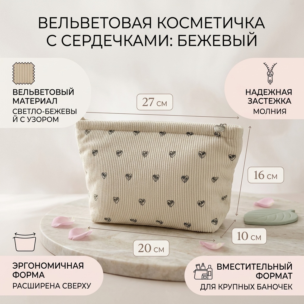 Косметичка вельвет светло-бежевый 16X10 см