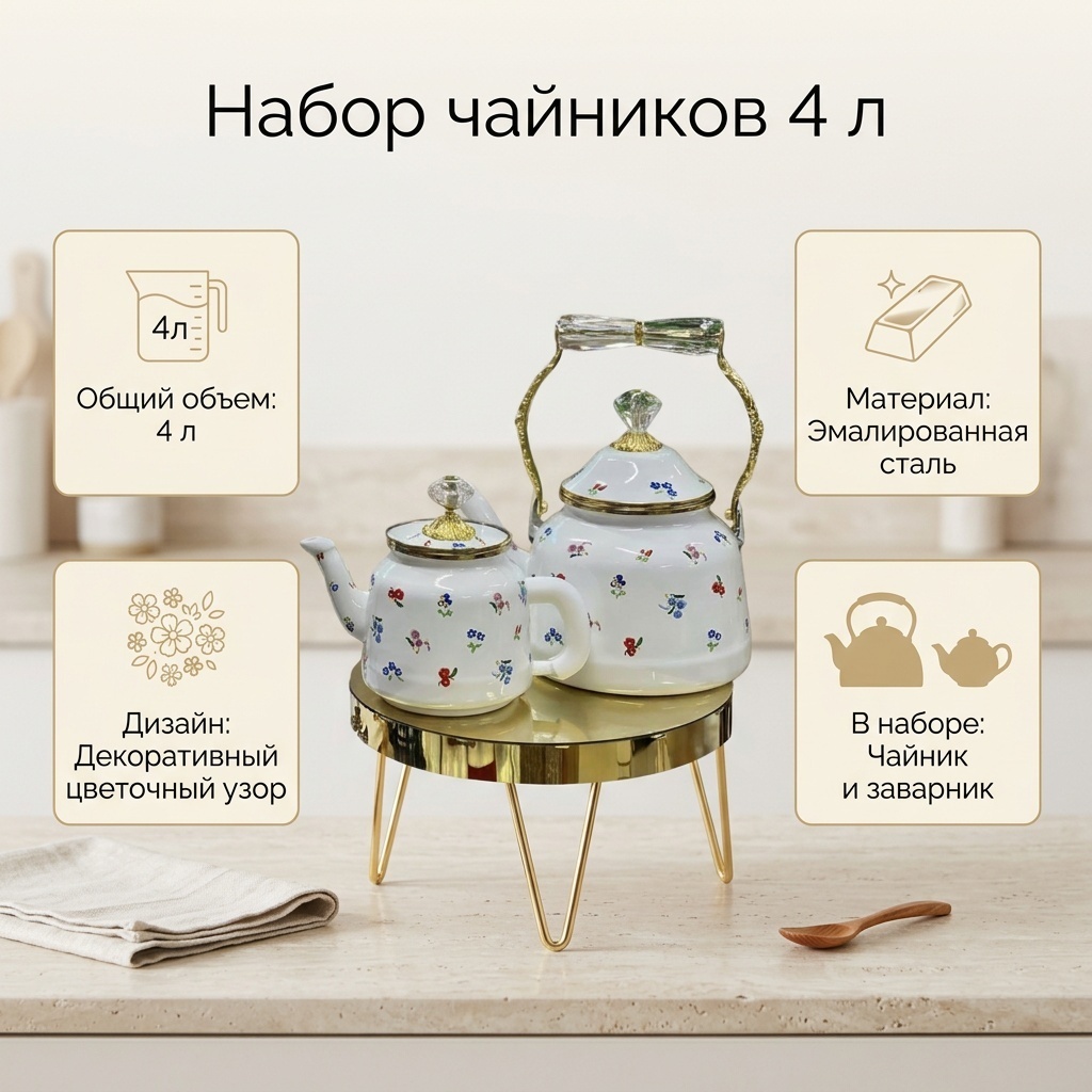 Набор чайников 30423393_135721330 4 л, нержавеющая сталь, эмаль