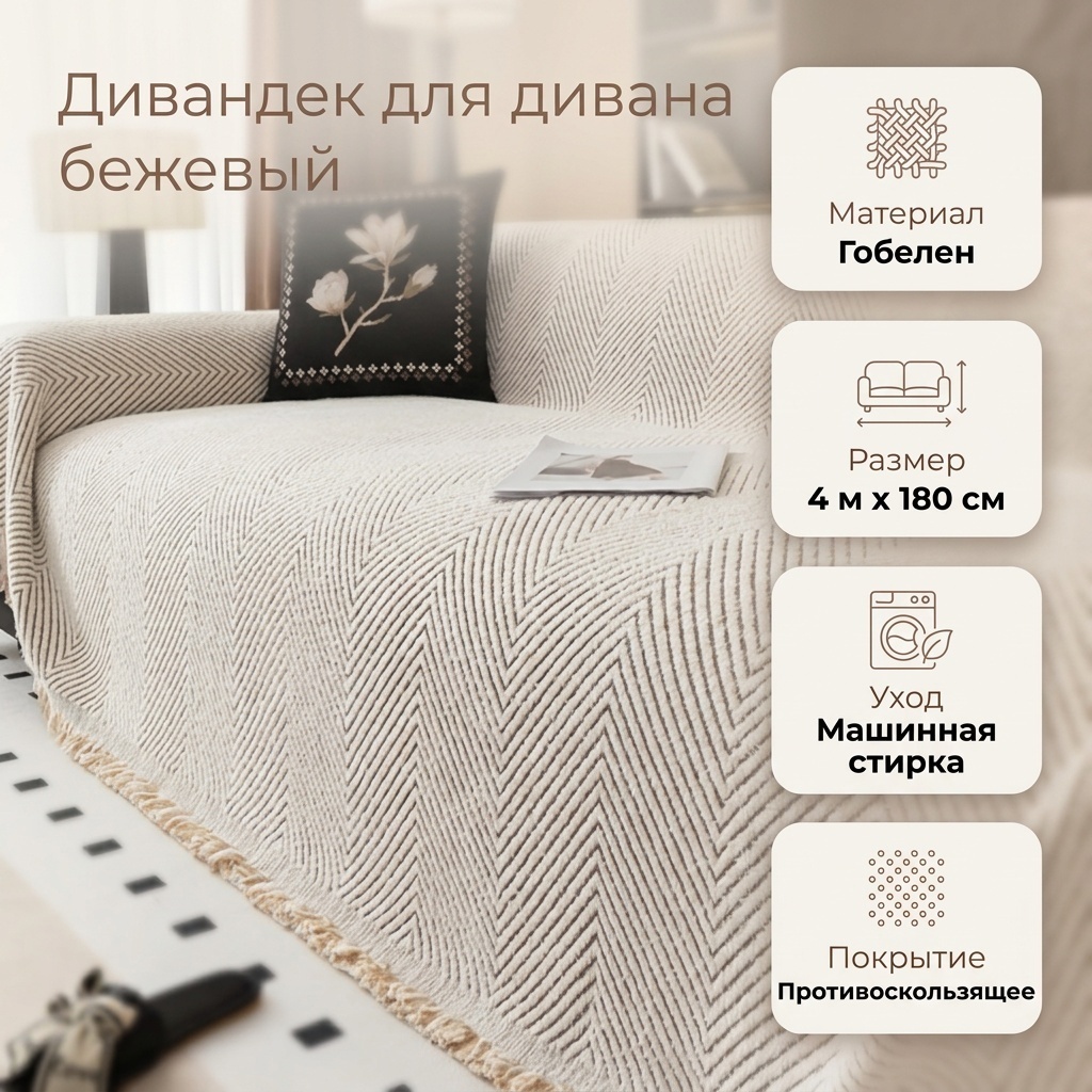 Дивандек для дивана 30340432_122284988 бежевый 4 м /180 см