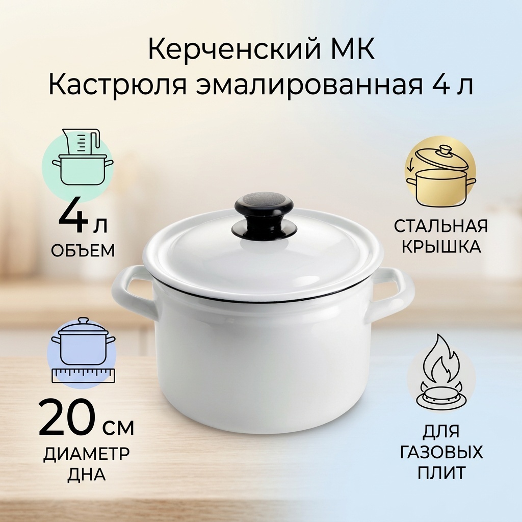 Кастрюля 4 л, Керченский МК 41704-142/белая, без декора эмаль