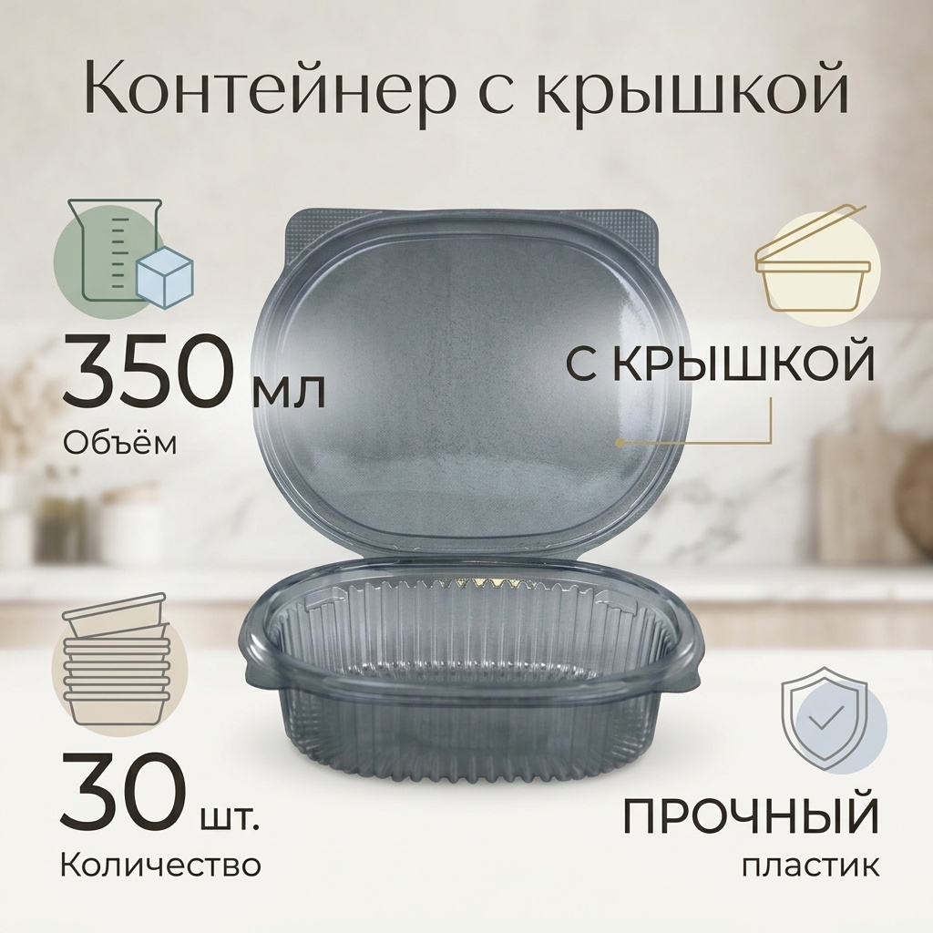Контейнер 350 мл с крышкой,прозрачный с темным оттенком,прочный (30 шт)