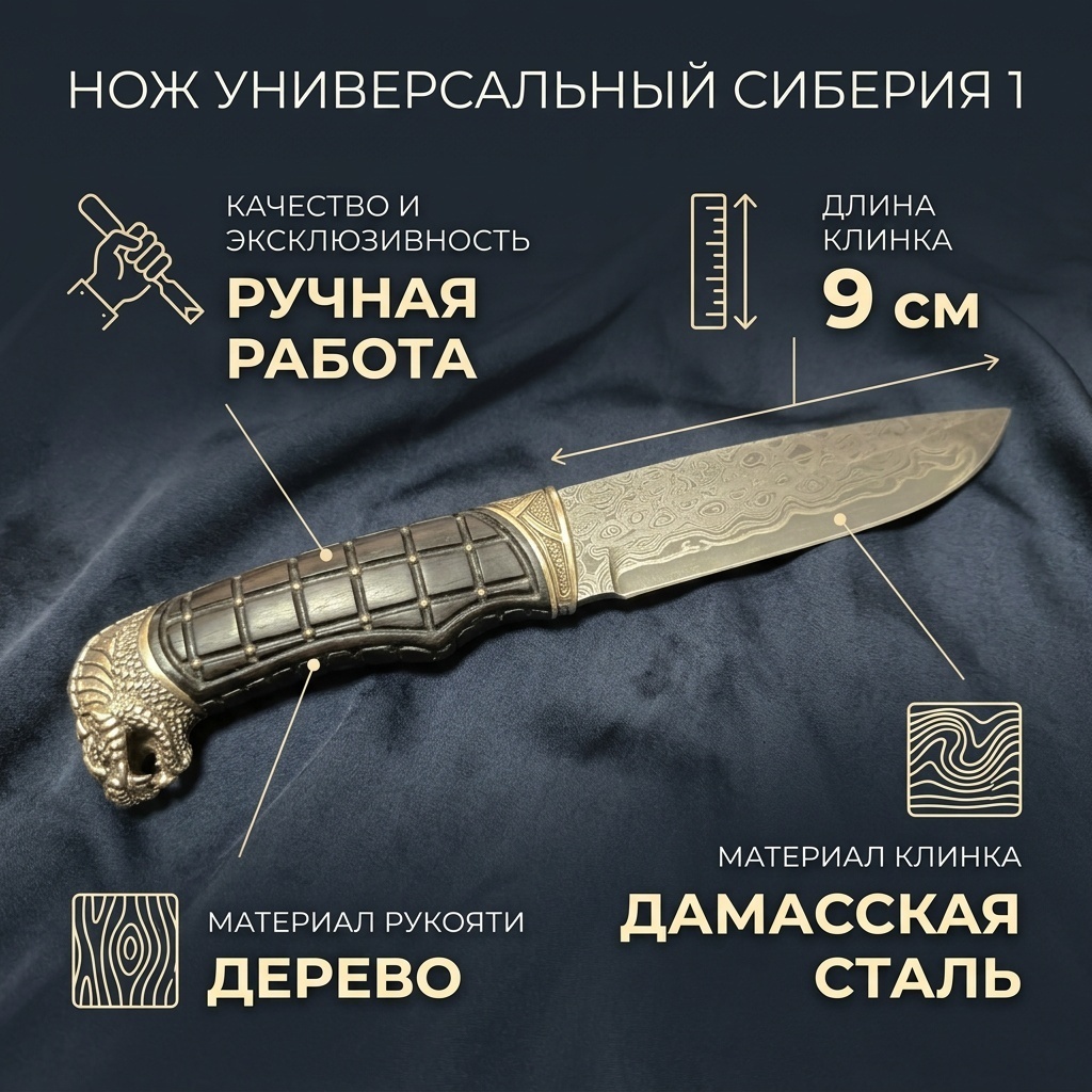 Нож универсальный , лезвие: дамасская сталь 1 шт