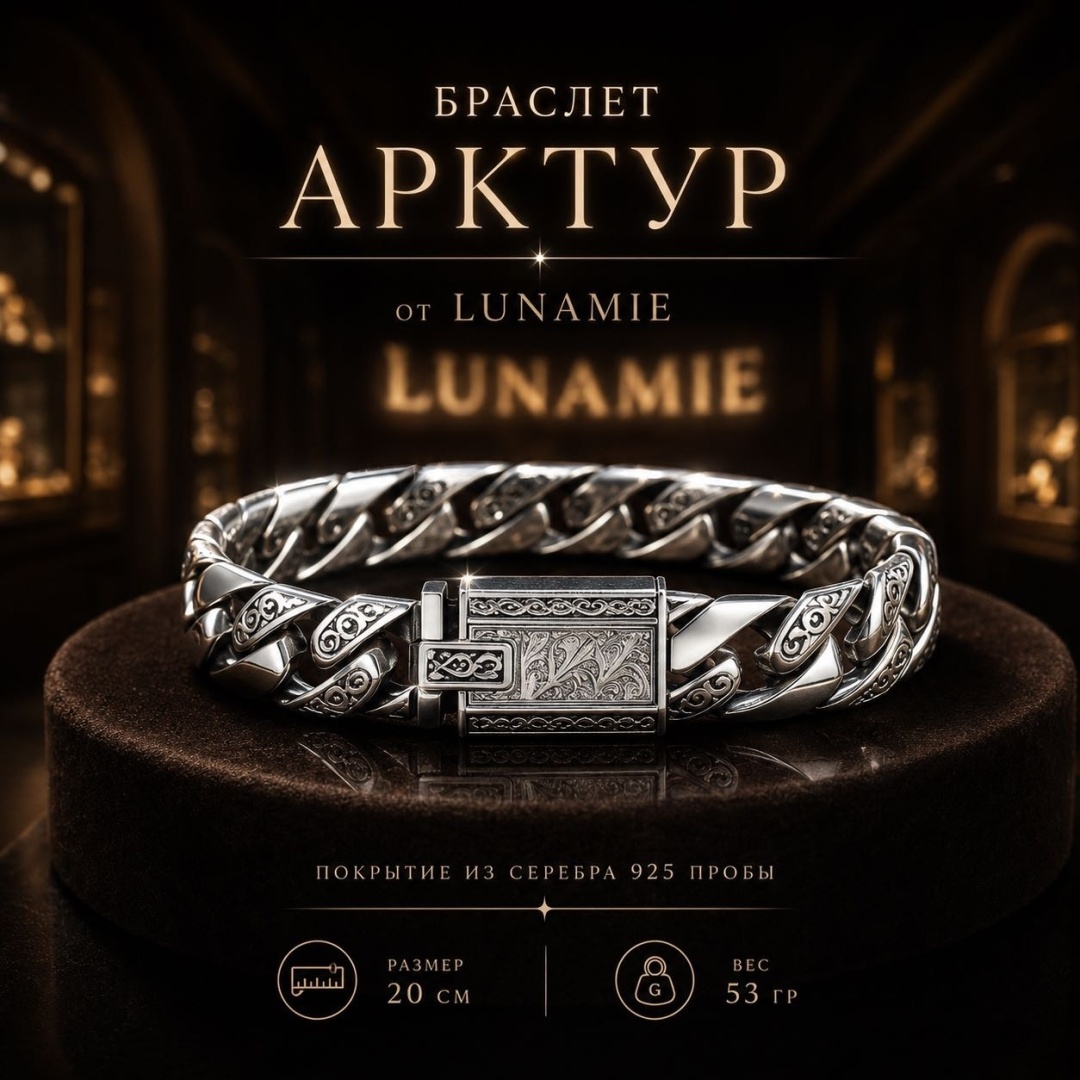 LUNAMIE Мужской браслет «Арктур» длина 20 см, вес 53 г сплав покрытый серебром 925, плетение бисмарк