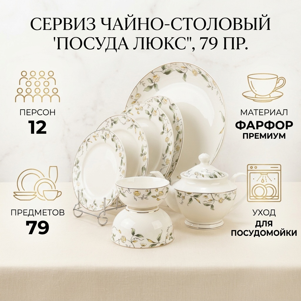 Сервиз на 12 персон Посуда Люкс , предметов: 79, чайно-столовый, фарфор