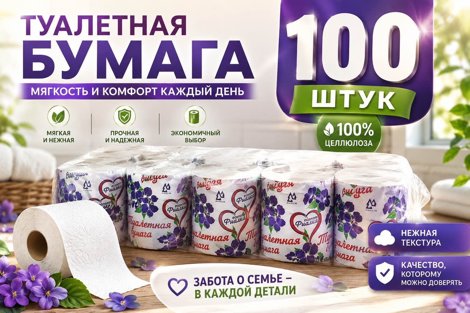 Maolin туалетная бумага 1-слойный 100 шт, вторичная целлюлоза
