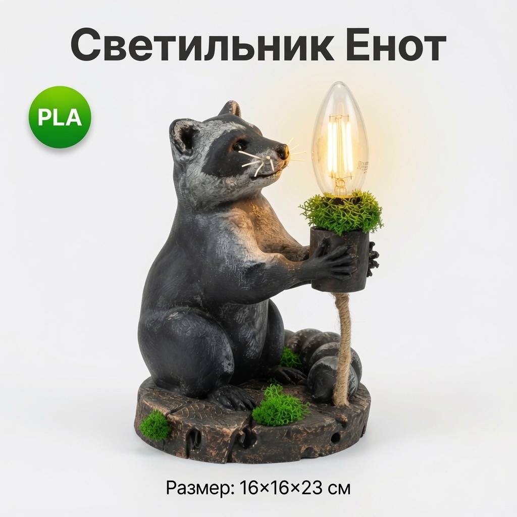 Декоративный светильник настольный Светильник Енот Настольная лампа E14 PLA-пластик + мох , теплый белый