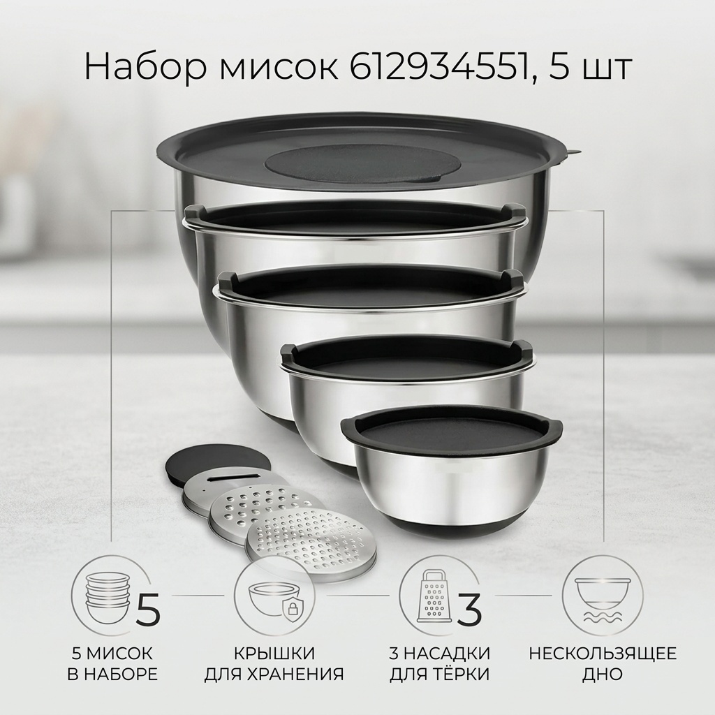Набор мисок 612934551 28х28 см, нержавеющая сталь, силикон, 5 шт