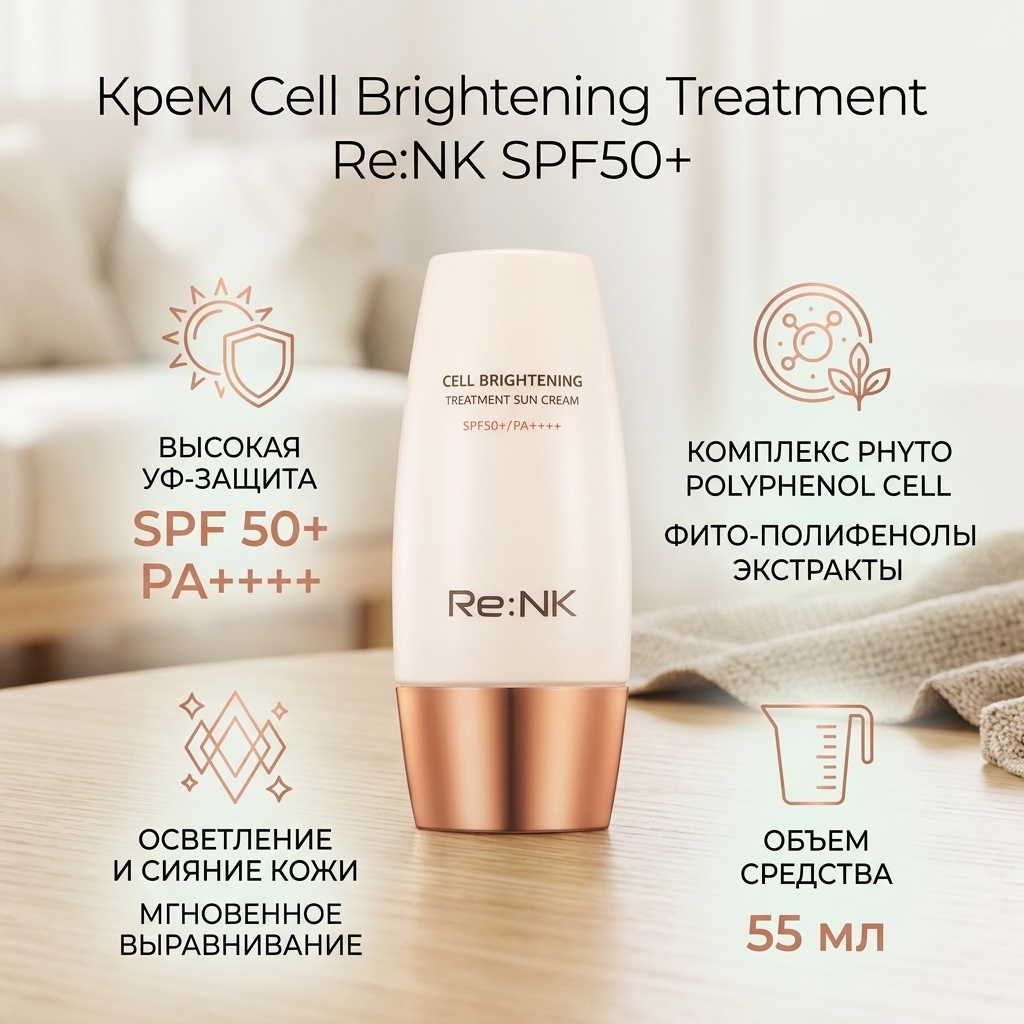 Re NK крем Cell Brightening Treatment Sun Cream SPF50+/PA++++ для лица, для зоны декольте 55 мл