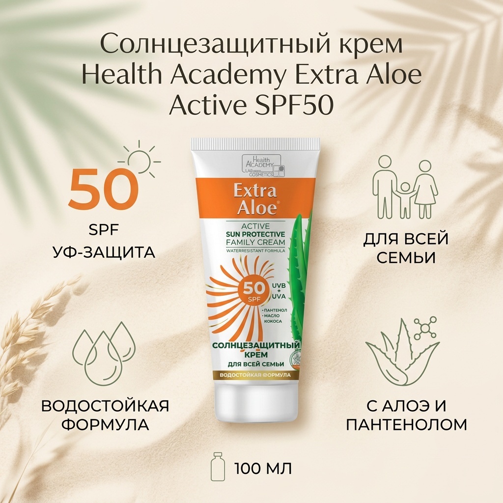 Health Academy Солнцезащитный крем для всей семьи Extra Aloe Active Sun Protective Family Cream SPF50 100 мл крем для тела 100 мл