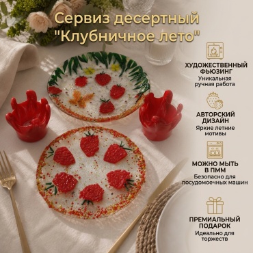 Сервиз на 1 персону Ручная Работа Клубничное лето, предметов: 4, десертный, стекло