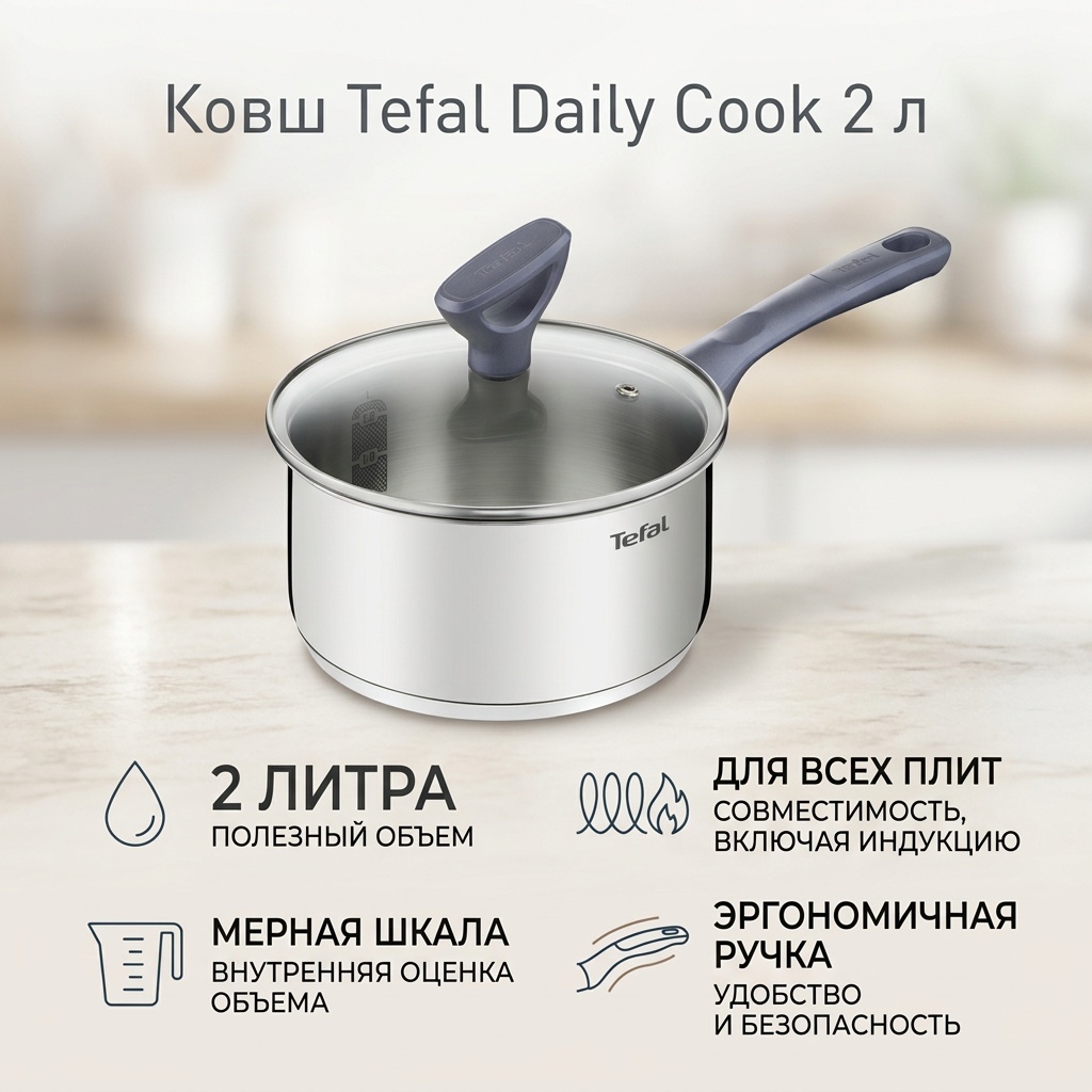 Ковш 2 л, Tefal Daily Cook G7122345 нержавеющая сталь