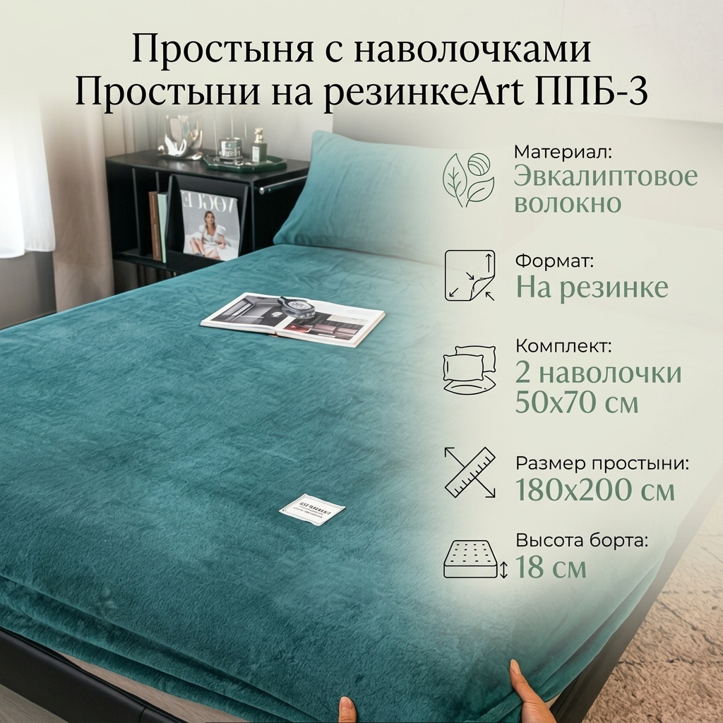 Простыня с наволочками Простыни на резинкеArt 180x200, эвкалиптовое волокно
