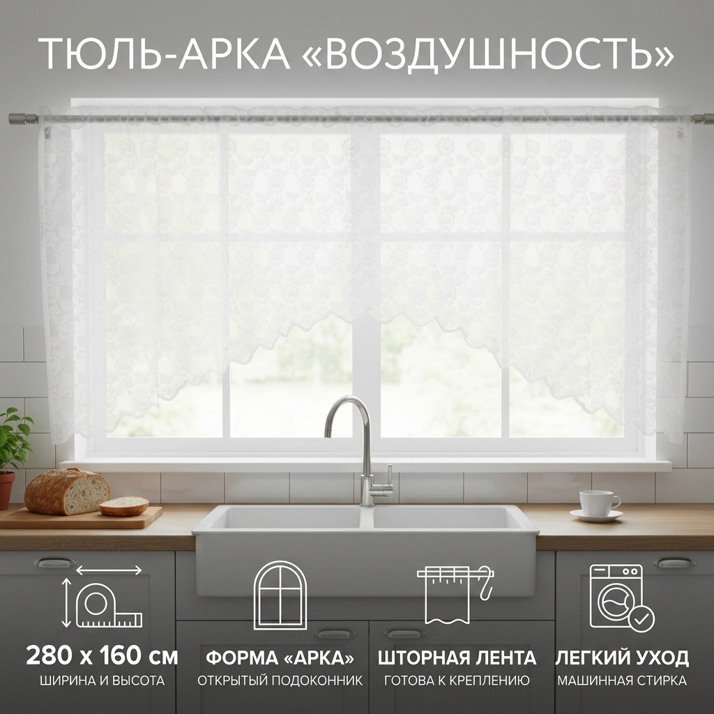 Тюль KOMPANON 280x160 см 1 шт, тюль, белый