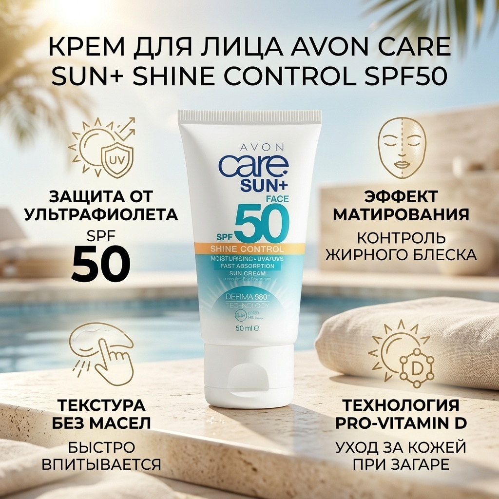 Avon крем Care Sun+ Shine Control SPF50 для лица, для зоны декольте 50 мл