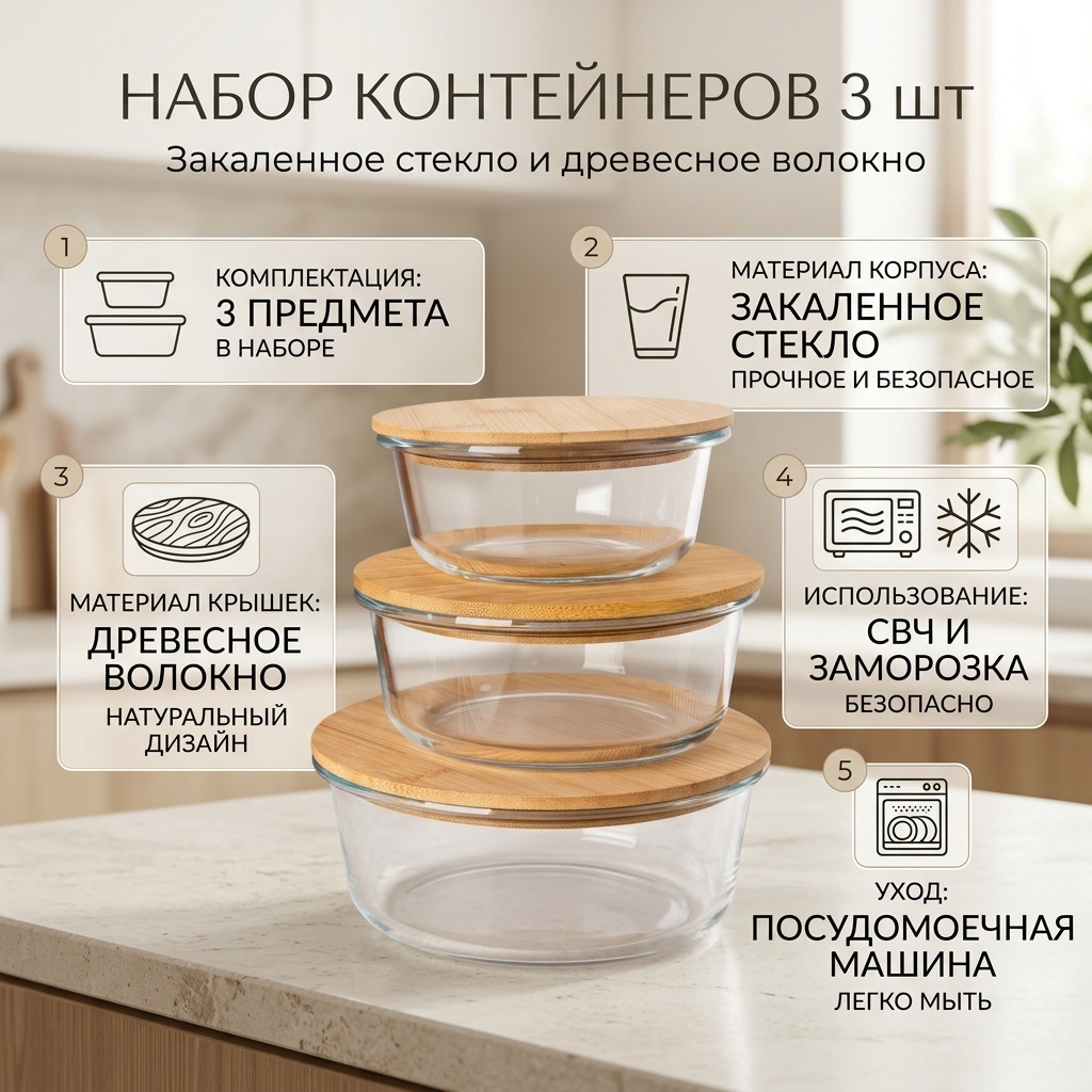 Набор контейнеров 312084448 3 шт, закаленное стекло, древесное волокно