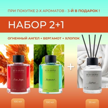 Диффузор с палочками RICH AROMA Огненный ангел 100 мл + Бергамот 100 мл + Хлопок 55 мл 255 мл