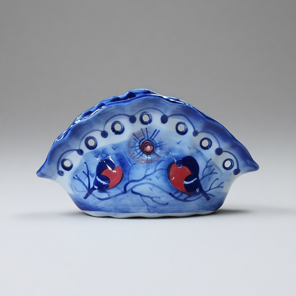 Гжель салфетница Снегири, фарфор