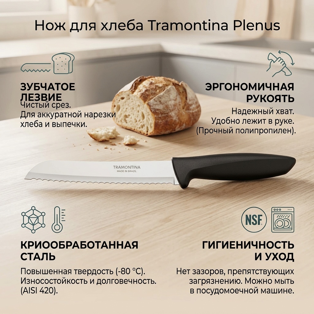 Нож для хлеба Tramontina, лезвие: сталь 1 шт