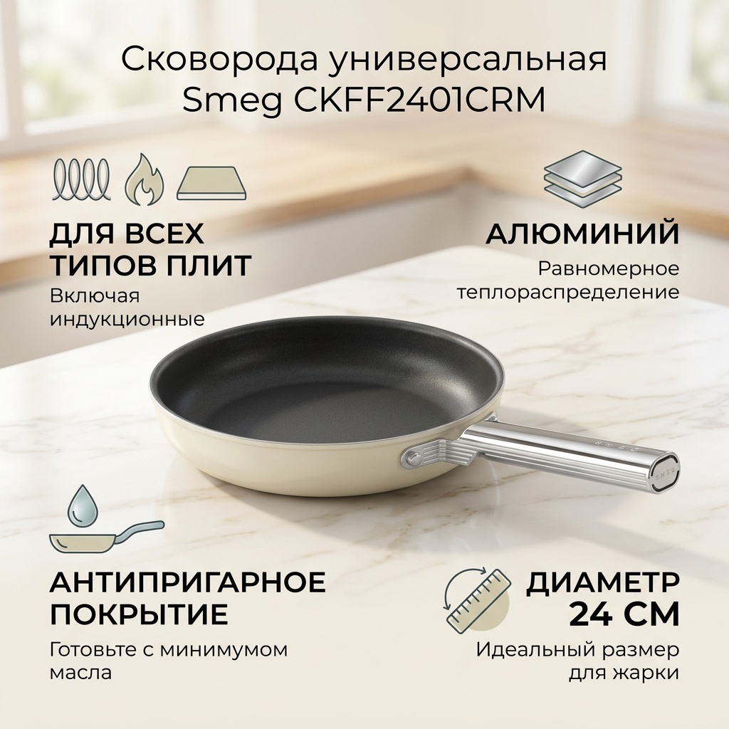 Сковорода Smeg CKFF2401CRM 24 см с антипригарным покрытием, алюминий