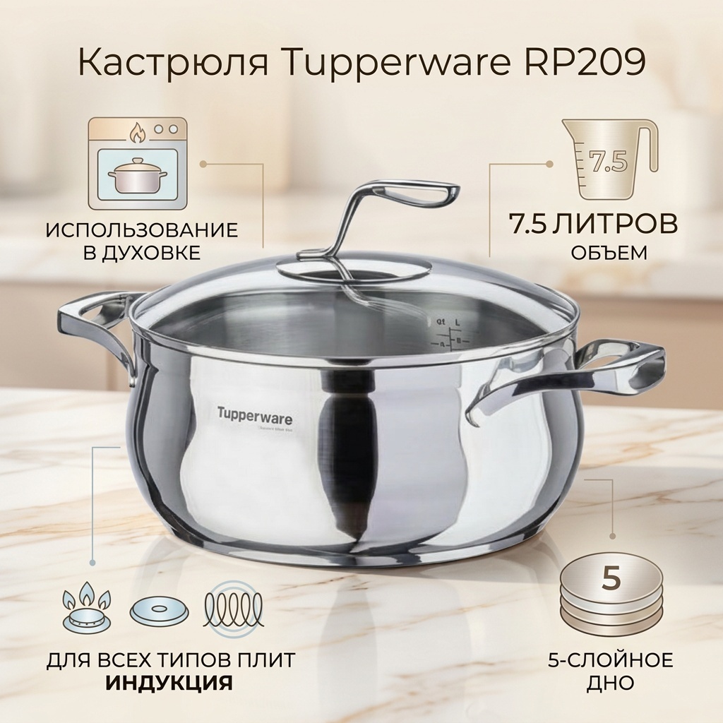 Кастрюля 7.5 л, Tupperware RP209 нержавеющая сталь