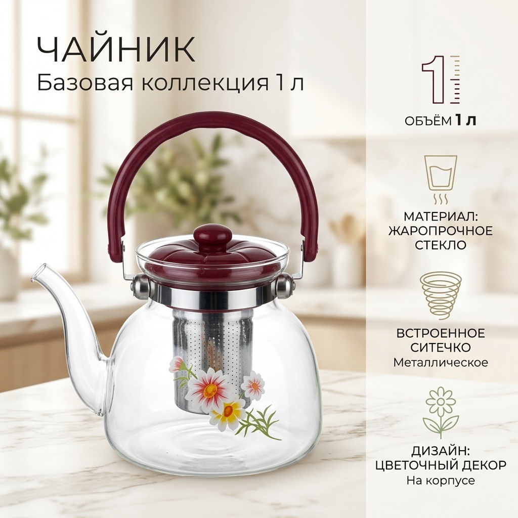 Чайник Базовая коллекция 897806 1 л, жаропрочное стекло