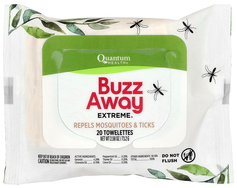 Влажные салфетки Quantum HEALTH Buzz Away Extreme, средство от комаров и клещей, 20 салфеток, 73,2 г 20 шт