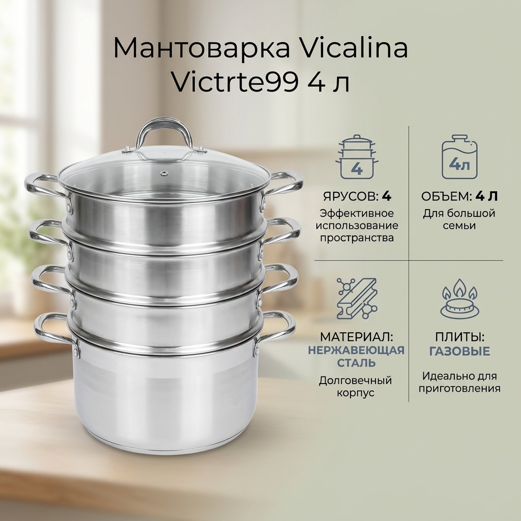 Мантоварка 4 л, Vicalina нержавеющая сталь, количество ярусов: 4