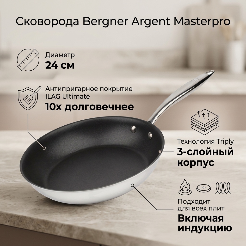 Сковорода Bergner Argent Masterpro 24 см с антипригарным покрытием, сталь