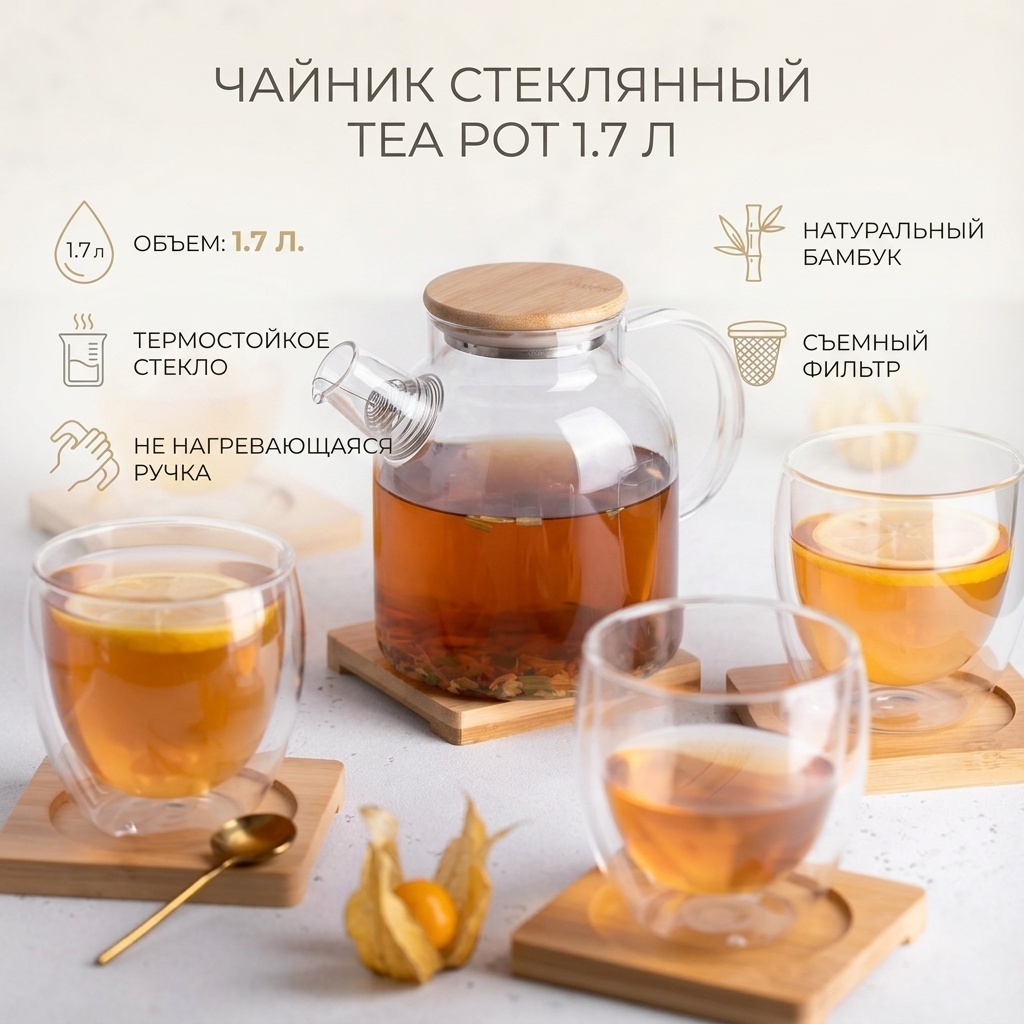 TEA POT чайник 1700156TP 1.7 л, стекло