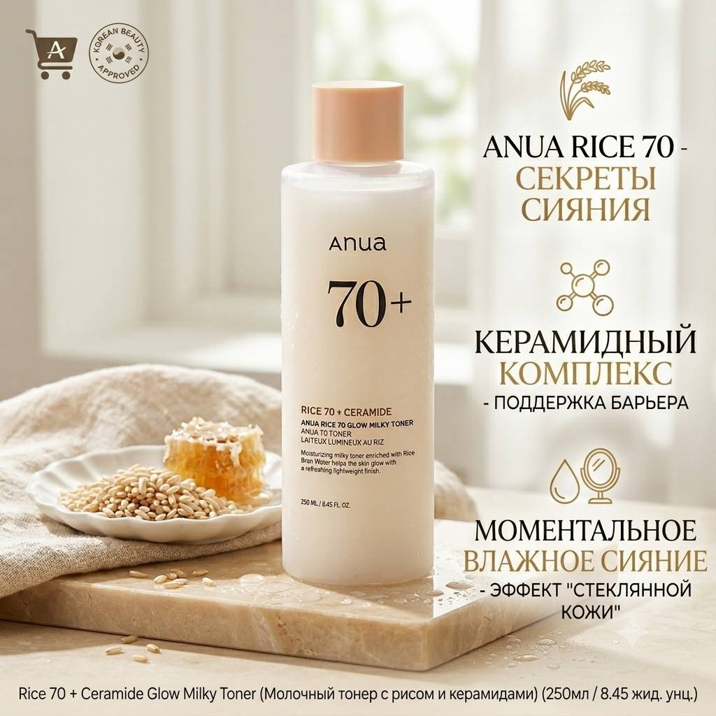 Anua тонер Уникальный молочный тонер Rice 70 + Ceramide Glow Milky Toner! 250 мл
