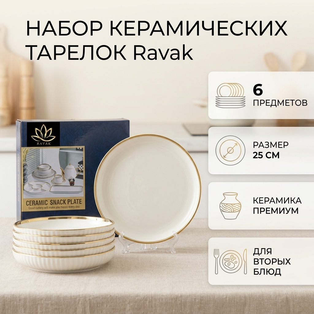 Набор тарелок RAVAK 25 см, 6 шт, керамика