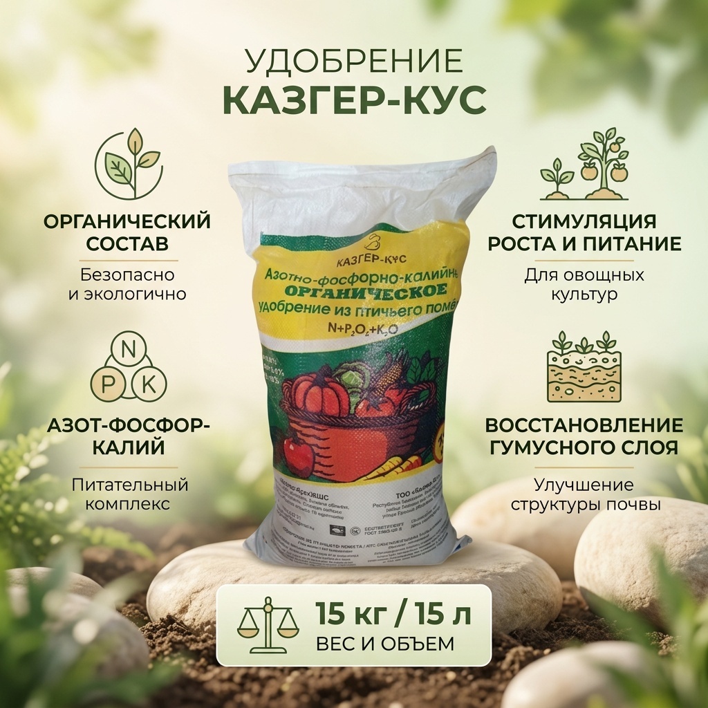 Казгер-Кус порошок Компостное Азотно-Фосфорно-Калийное органическое удобрение из птичьего помета 15 л 15 кг