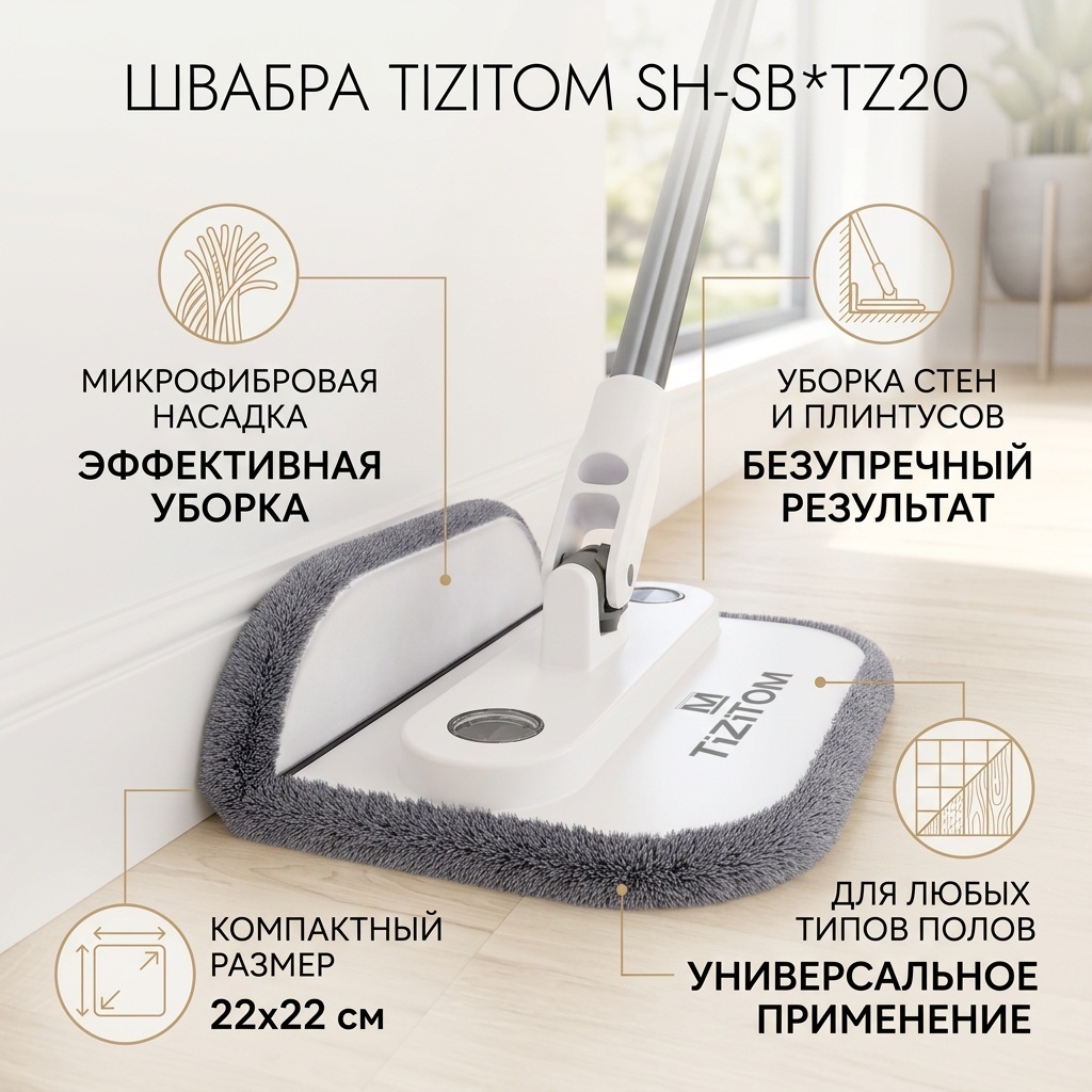 Швабра для пола TIZITOM, материал насадки: микрофибра, белый