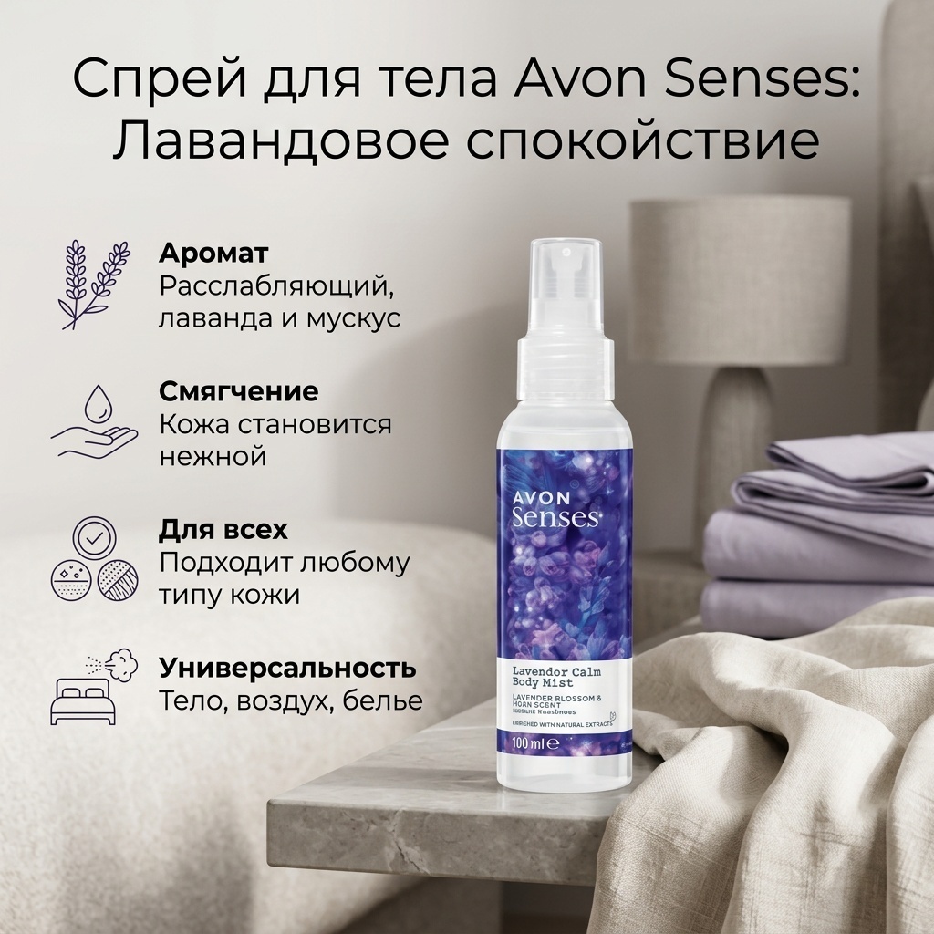 Avon Senses Лавандовое спокойствие спрей для тела 100 мл