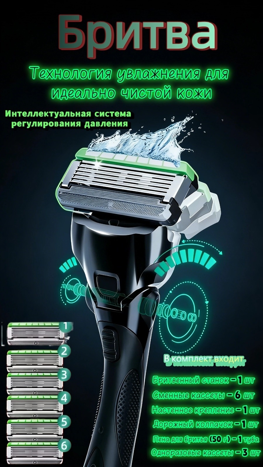 Набор для бритья: бритвенный станок 1 шт, сменные кассеты 6шт, пенка для бритья сменные кассеты 6 шт