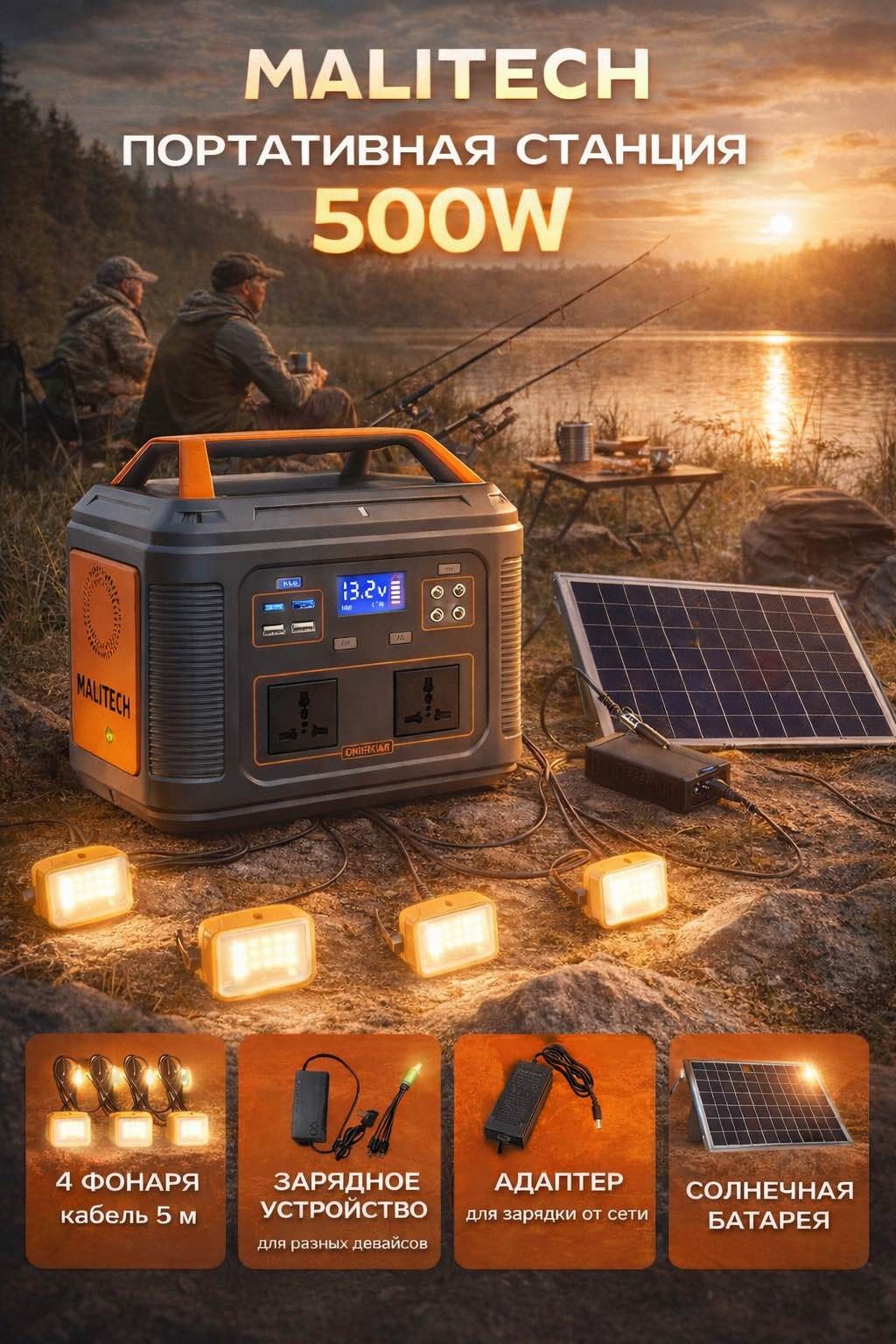 Портативное зарядное устройство MALITECH Портативная электростанция 500 W с солнечной панелью 50 W 42000 мАч